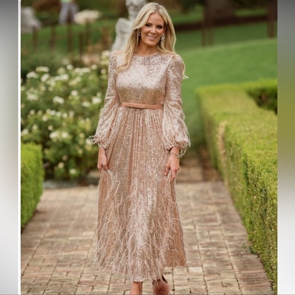 Antonio Melani x Nicola Bathie Dresses & Skirts - Antonio Melani x Nicola Bathie Nicola Sequin Long Sleeve Feathered A-Line Gown